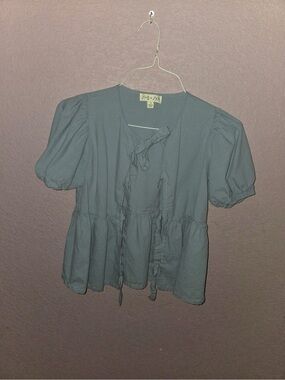 She + Sky Dusty Blue Puff-Sleeve Tie-Front Blouse